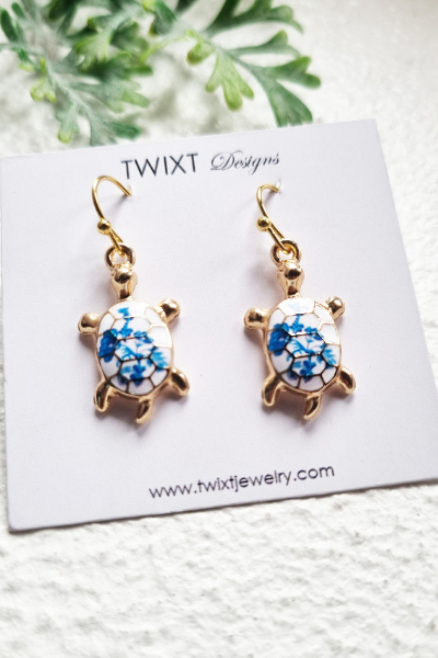 Blue & White Turtle Enamel Earring - PD458