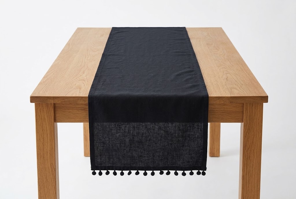 Black Table Runner with Pom Pom Edging  