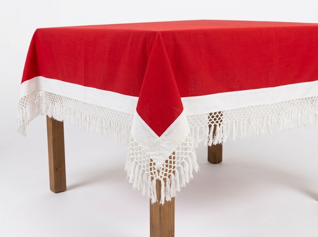 Handloom Table Cloth With Tassels - Red
