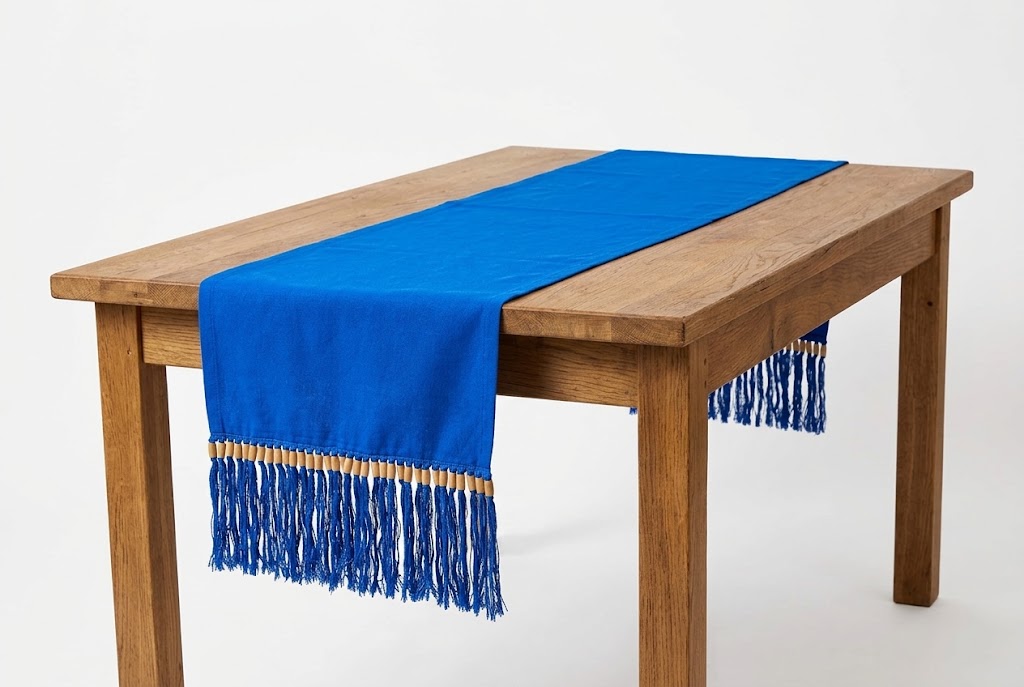 Blue Table Runner with Beaded Tassels 