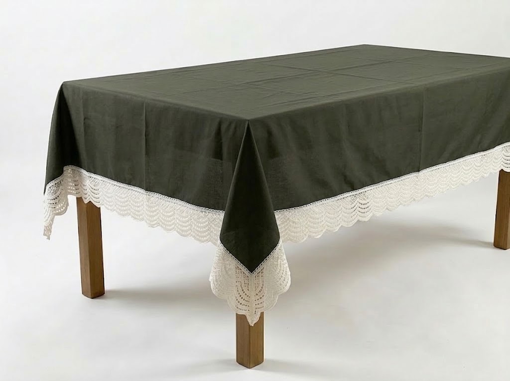 Table Cloths - Dark Green with Lace Trimmings
