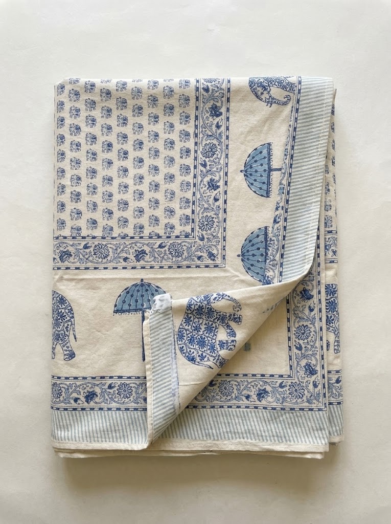 Table Cloth (8 Seater) - (Blue Floral Elephant Print) 