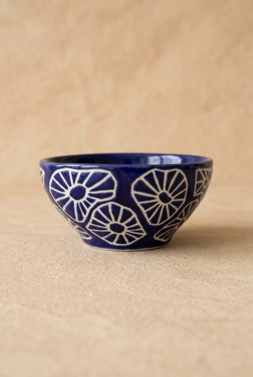 Nelum Hand Carved Bowl - Blue & White