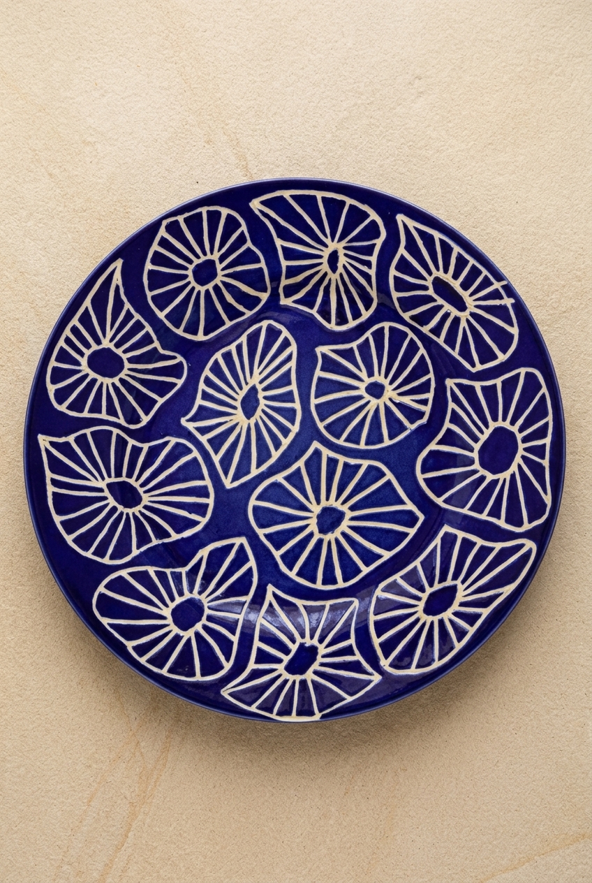 Nelum Hand Carved Dinner Plate - Blue & White