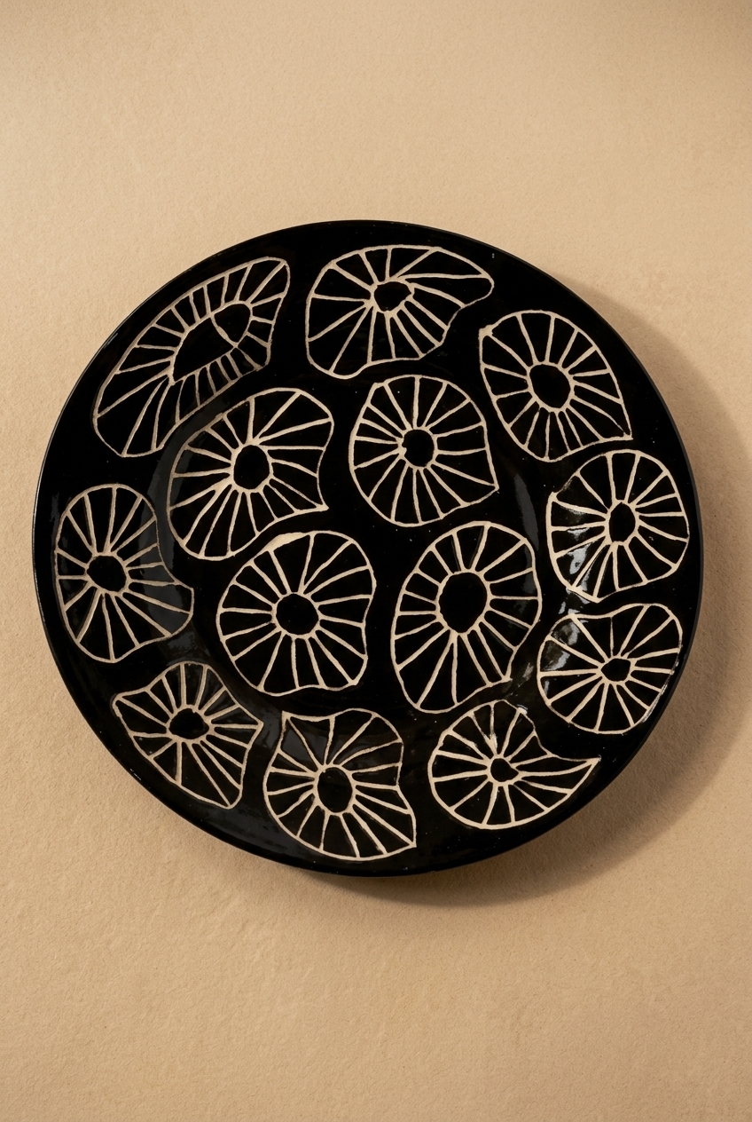 Nelum Hand Carved Dinner Plate - Black & White