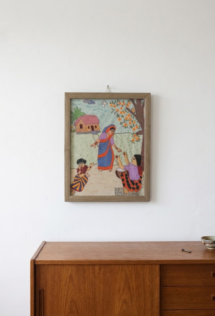 Village Stories - Machine Embroidery wall art - Brown